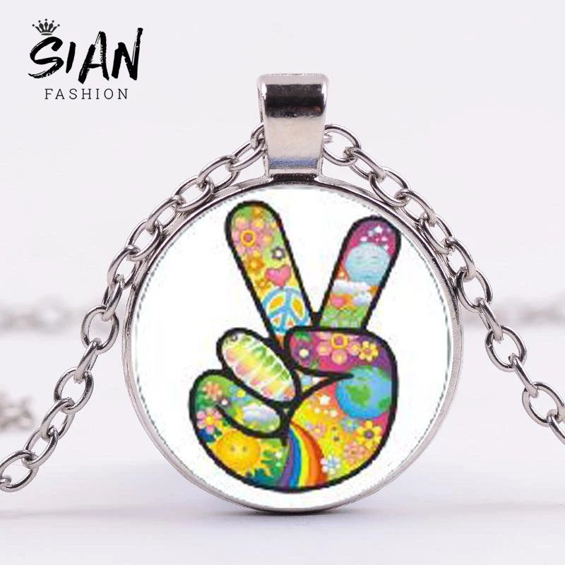 

SIAN Hippie Victory Gesture Statement Necklace Anti-war Peace Symbol Art Pattern Glass Cabochon Pendant Necklace Women Men Gifts