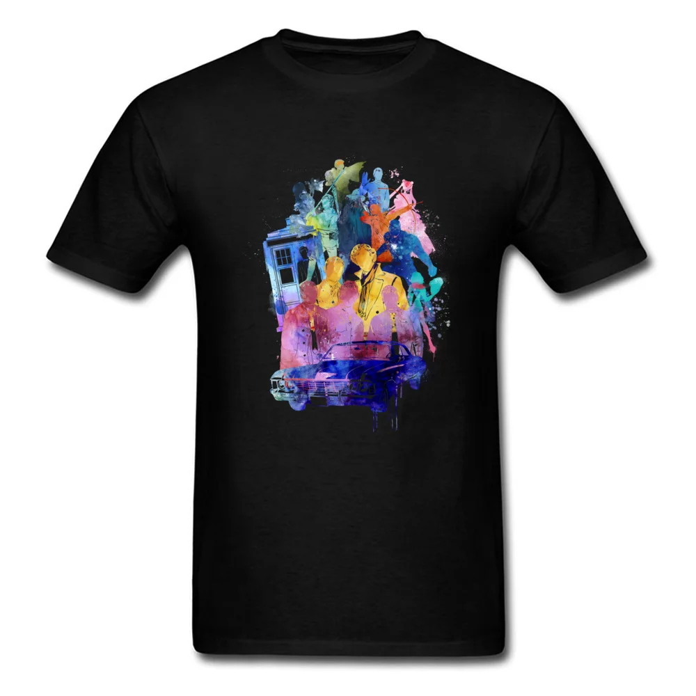 

2018 Multi-Fandom Collage Fashion Men'S T-Shirt Doctor Who Watercolor Design Tops Short Sleeve Tee Shirt Black
