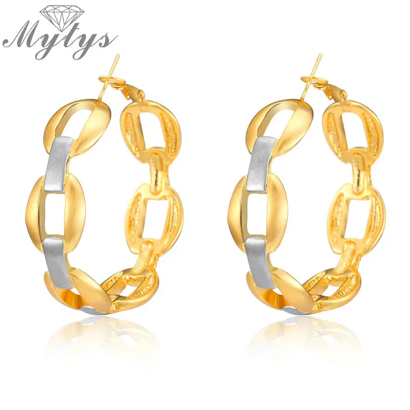 

Mytys Two Tone Gold And Silver Big Hoop Earrings for Women Double Color Mix Gold Rolo Link Chain Round Earrings CE350