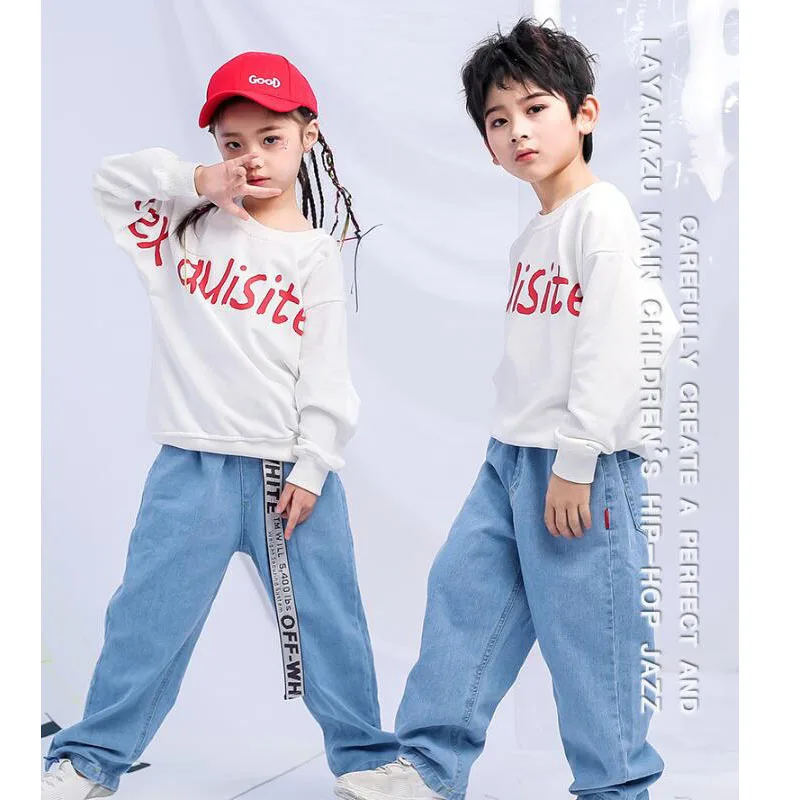 

Kids Hip Hop Clothing Girls Boys White Sweatshirt Jeans Jazz Dance Costumes Suit Ballroom Dancing Clothes Outfits Boys Outfits