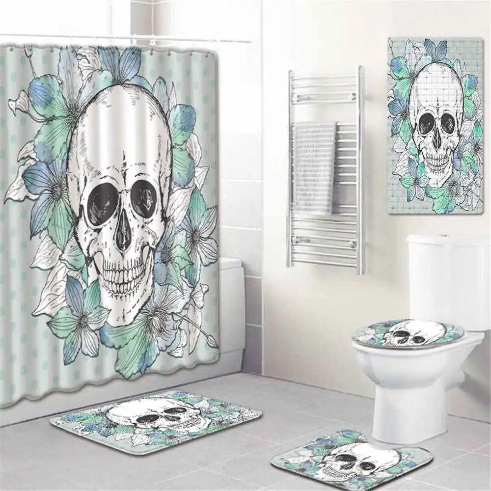 5pcs Set Skull Shower Curtain Bath Rug Toilet Cover Skull Shower Curtain Bath Rug