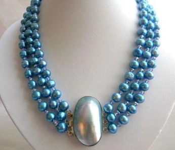 

FREE SHIPPING>@@> N1466 3Strands 18'' 9mm Blue Round Freshwater Pearl Faceted Crystal Necklace