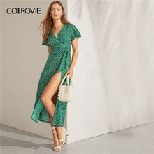 COLROVIE зеленое длинное женское платье с v-образным вырезом и разрезом до бедра, Цветочное платье с запахом и поясом, Boho, лето, платья для отдыха