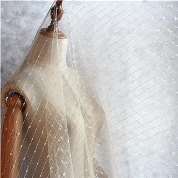 

Lace17 100*165cm Stripe White With Golden Net Yarn Dots Embroidery Lace Fabric Wedding Dress Wedding Veil Fabric Curtain Clothes