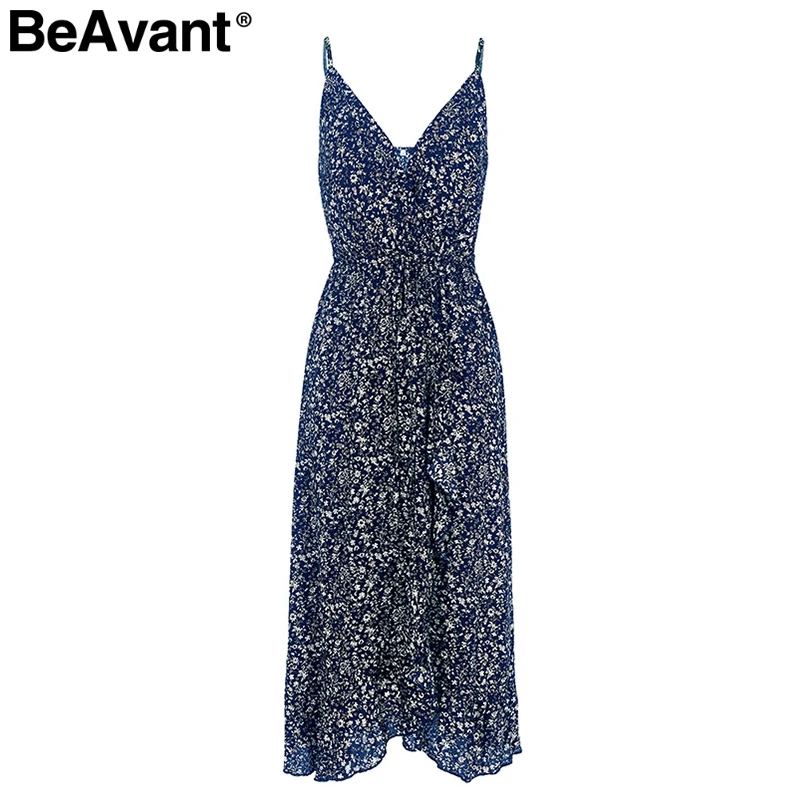 BeAvant женское платье на бретельках с v-образным вырезом, бохо, цветочный принт, длинное платье с оборками, женское пляжное платье с высокой талией для отдыха, vestidos - Цвет: Тёмно-синий