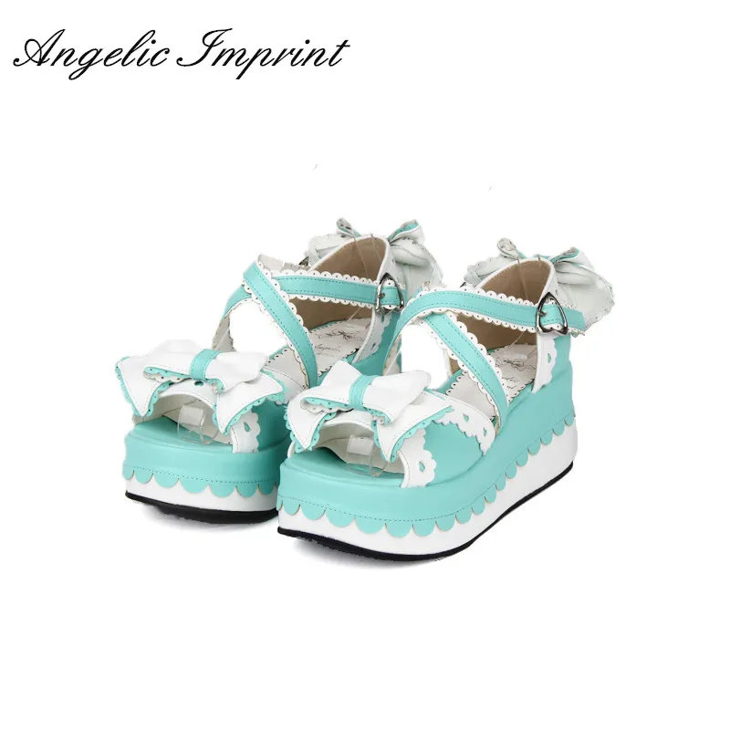 

Japanese Sweet Lolita Cosplay Strappy Sandals Lovely Bowknot & Lace Trim Platfrom Wedge Summer Sandals Shoes