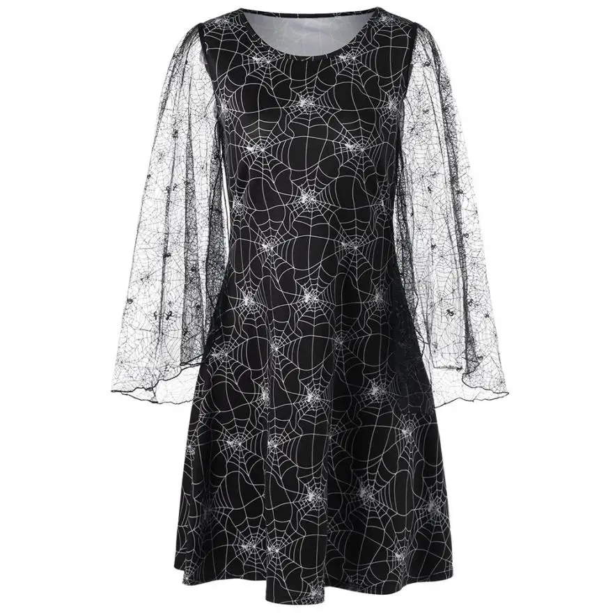 Women Loose Halloween Party Cobweb Print Yarn Long Sleeves Mini Dresses