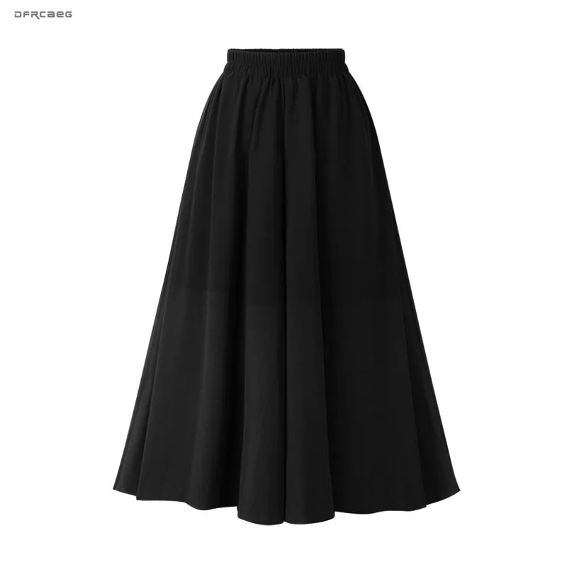 Новое поступление, Пляжная шифоновая юбка миди для женщин, лето, эластичная талия, черная, бохо, плиссированная, льняная юбка, Femm Saia