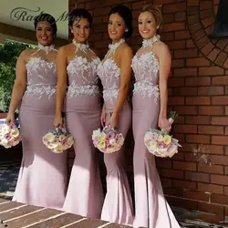 Румяна розовое 3D цветочное кружевное платье подружки невесты в стиле русалки 2019 Иллюзия Холтер Длинные свадебные платья невесты платье