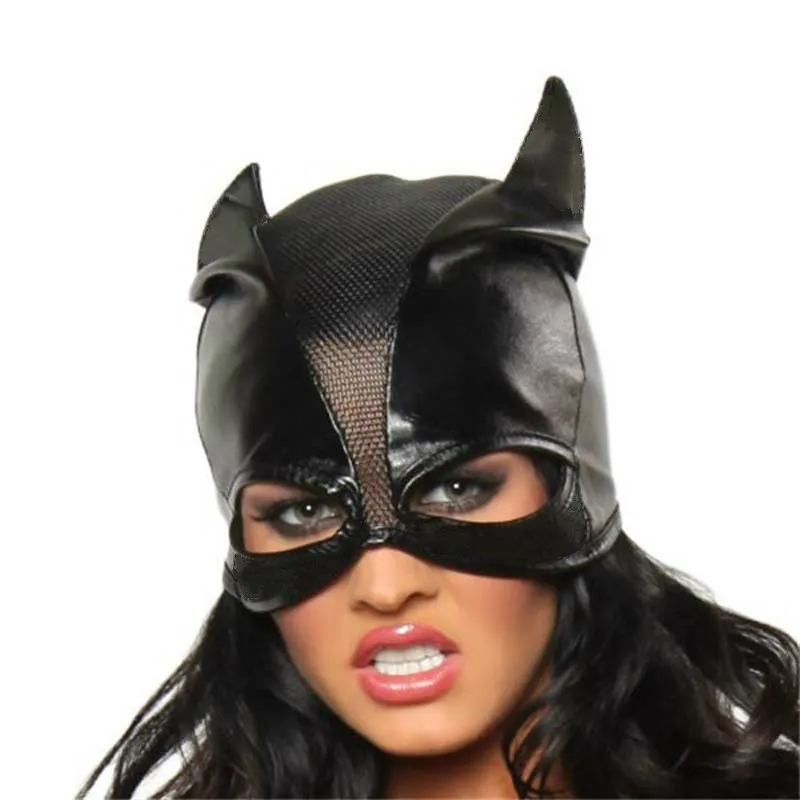 

Exotic Masquerade Black Half Face Faux Leather Hat Mesh Patchwork Mask Batman Halloween Cosplay Accessories Headwear