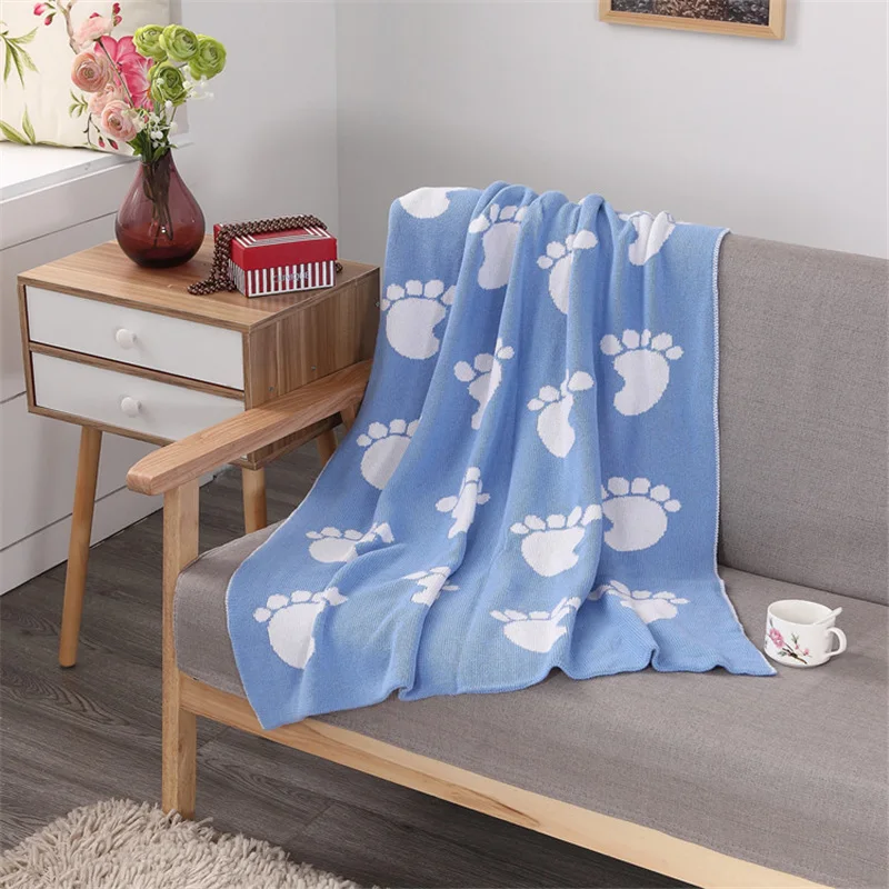 

90X110cm 2layers thick cotton reversible soft footprint Baby knitted Blanket kids back seat cover sofa throw boy swaddle blanket