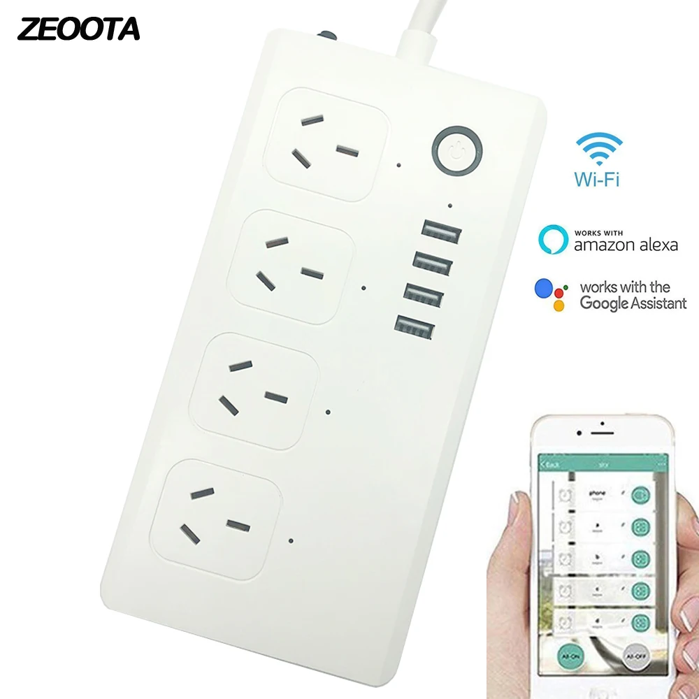 Продажа Wifi Smart мощность полосы стабилизатор напряжения голос управление 4 AC AU розетки розетка с USB зарядки Ports1.5m удлинитель