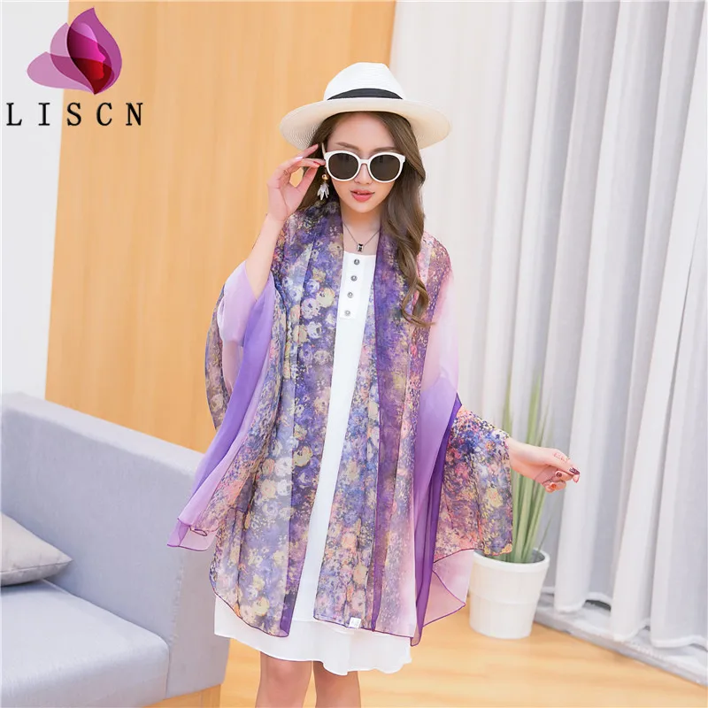 

2019 explosion models ladies printed silk scarf chiffon scarf ladies travel holiday seaside beach towel sunscreen shawl