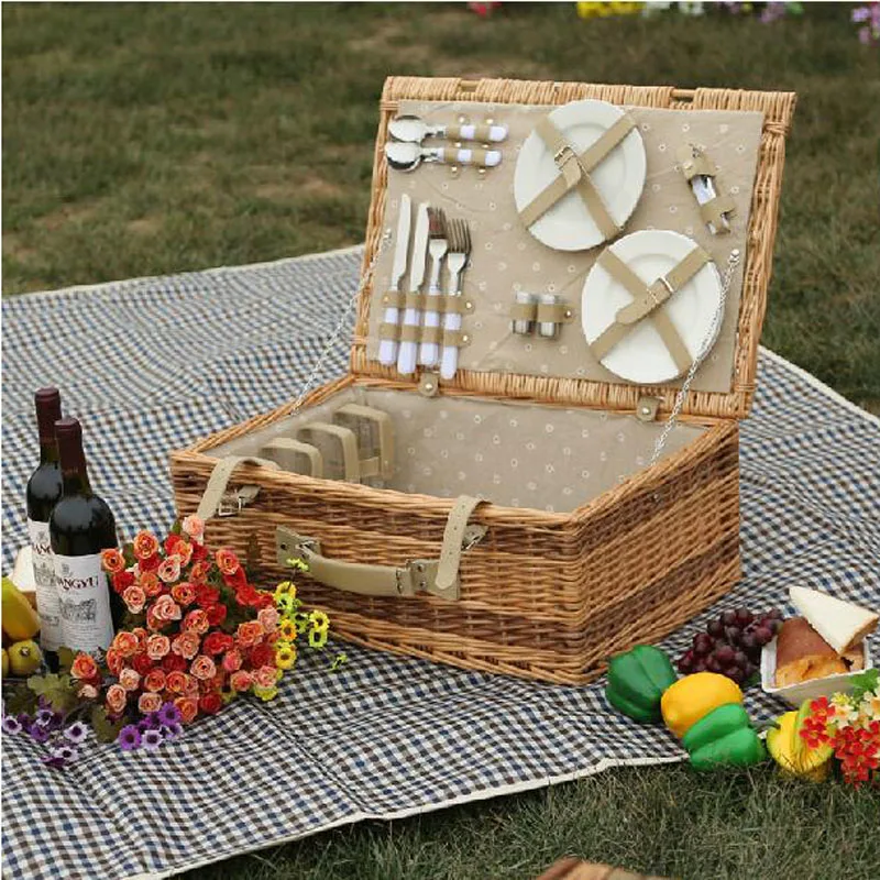 Antique Large Wicker Picnic Basket with Table Mat for 4 People Home Storage Baskets Vintage wicker Picnic Basket Set for Family