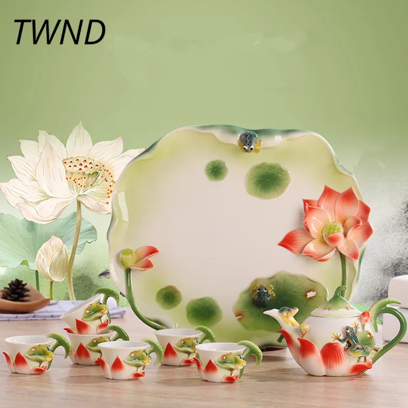 

Bone china lotus frag teapot cups with tea tray sets kung fu kettle mugs saucer lover gift drinkware