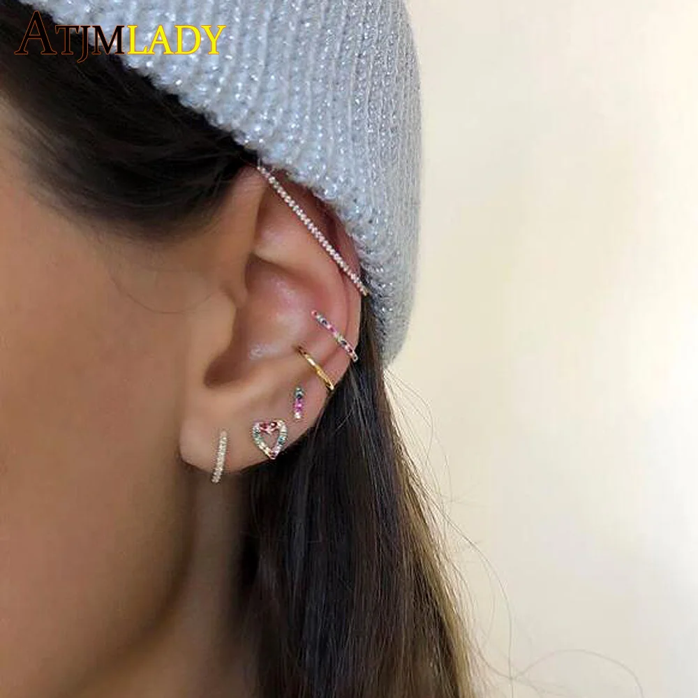 

New 925 Sterling Delicate Rainbow Cz Earrings Small Sized cz paved hollow heart stud earring for girl gift fine silver jewelry