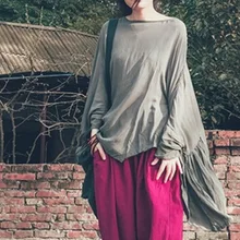 Весенняя Новинка, ультра свободная Асимметричная хлопковая Футболка с рукавами «летучая мышь», уличная Модная тонкая длинная футболка с рюшами, большие размеры