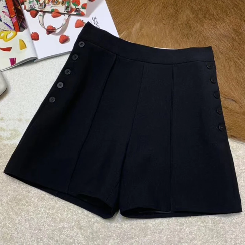 Женские черные шорты Лето 2019 элегантные широкие шорты с высокой талией модные новые женские шорты на пуговицах высокого качества