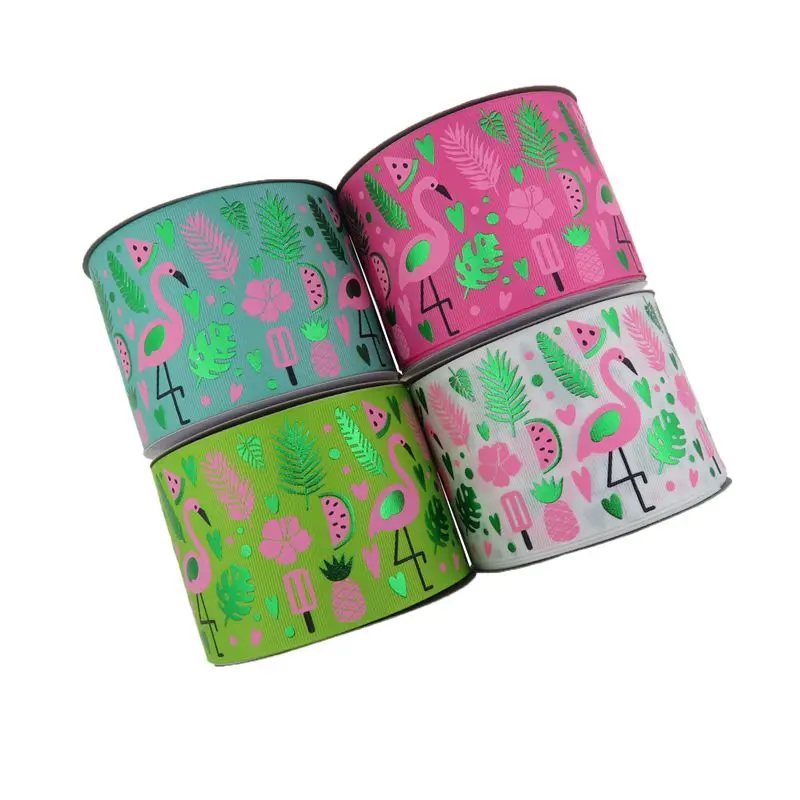 

BOCA 75mm (3 inch) Flamingo Ink pink and green foil grosgrain ribbon many color for choose,DIY Hair accessories
