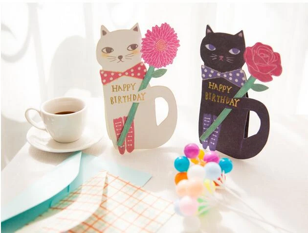 Creative Mignon Chat Et Fleurs De Voeux Message Carte Avec Enveloppe Kawaii Enfants Cadeau D Anniversaire Cartes Aliexpress
