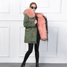 Women Army Green Floral Long Coat Streetwear Patches Rivet Zipper Retro Parkas Jackets With Real Fox Fur Inside Raccoon Fur Hood