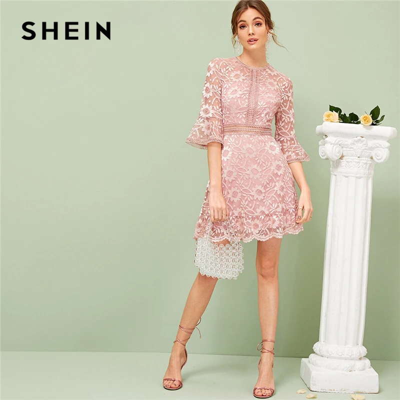 

SHEIN Flounce Sleeve Lace Overlay Dress Spring Summer Dress 2019 Romantic High Waist Pink Solid Stretchy A Line Dresses