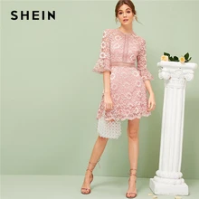 Женское кружевное платье SHEIN, однотонное розовое платье трапециевидной формы с оборками на рукавах, весна лето 2019