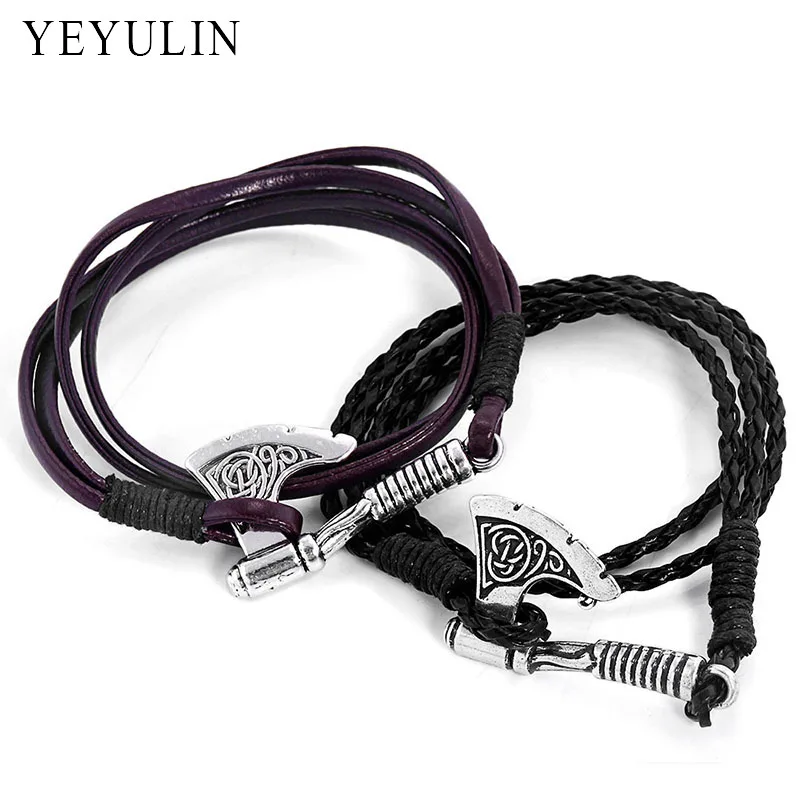 

Hot Sell Cool Punk Silver Color Alloy Viking Axe Charms Bracelet Braided Rope Chain For Men Boys Bangles Jewelry