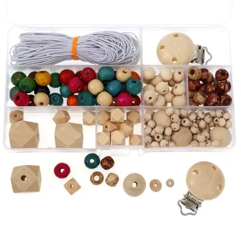 

Natural Wood Color Metal Wooden Beads Baby Children Pacifier Holder Clip Set Cute Infant Round Nipple Clasps Holders Accessories