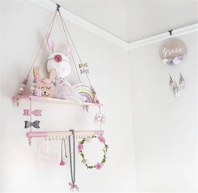 

Wall Shelf Kids Room Swing Decorative wall Shelf DIY Wood Beads Storage Shelf Organizer Nordic Hanging Wood Shelf Home Decor