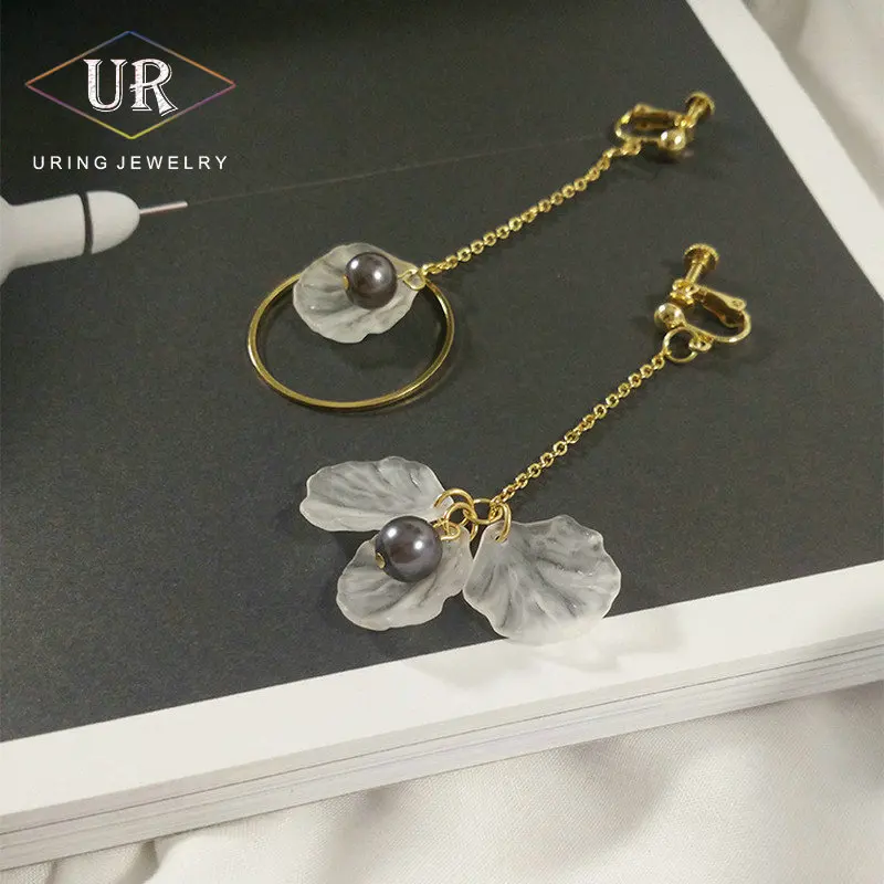 

Clip Earrings For Women Gold-Color Retro Irregular Petals Gray Pearl long Earings Fashion 2018 Gift for Girl KA069 KA070