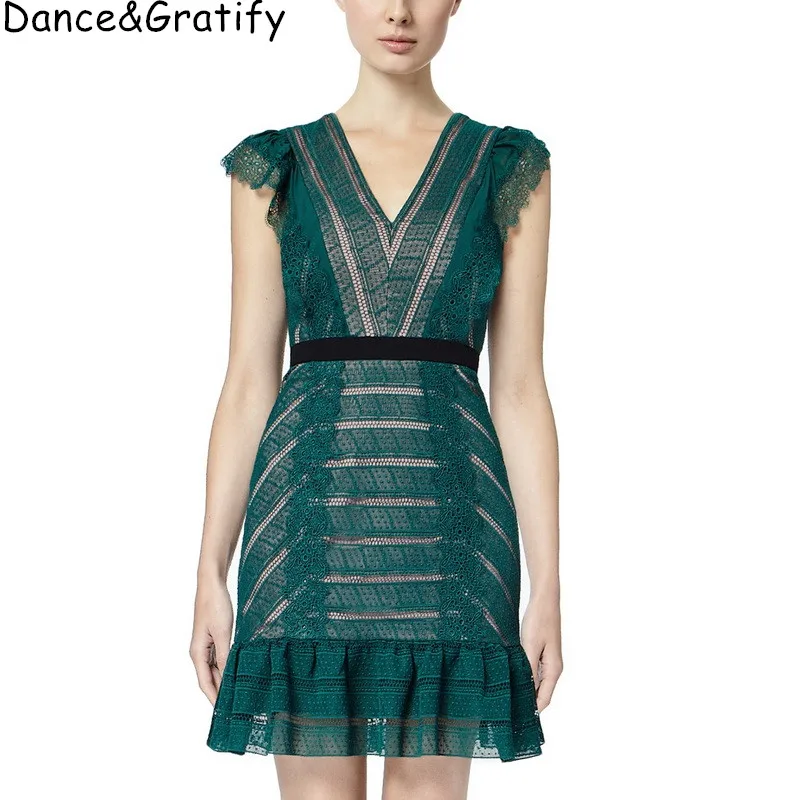 

Deep V Neck Lace Runway Dress Women Green Summer Ruffle Chic Mermaid Dress Ladies Tunic Sleeveless Mini Party Dresses