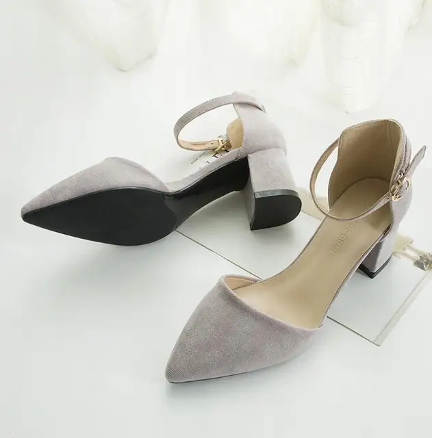 women pumps Word buckle Hollow Suede Single shoes Thick with Pointed Toe High heels women shoes purple 6CM