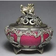 Рождественские украшения для дома+ Китайская ручная работа тибетская Серебряная Инкрустация нефритовый Красный Лев курильница/курильница