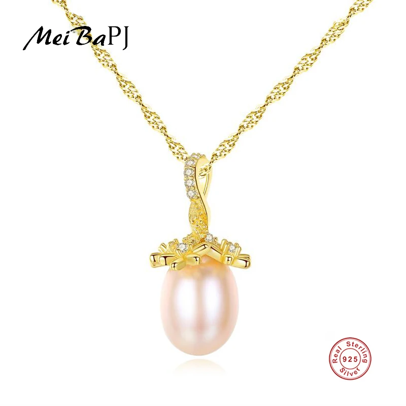 

[MeiBaPJ]Natural Freshwater Pearl Simple Golden Pendant Necklace 925 Solid Silver Wing Fine Jewelry for Women