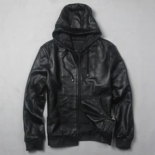 Новинка, осенняя мужская куртка из натуральной кожи, Модная приталенная черная кожаная куртка из овчины, мужская куртка со шляпой