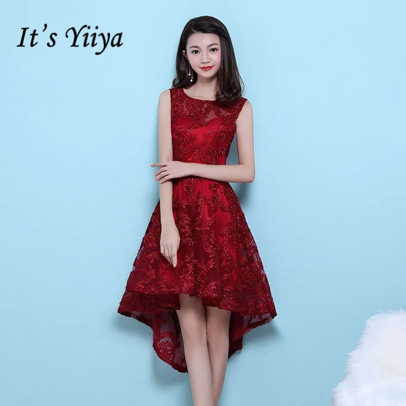 

It's YiiYa Vintage O-Neck Sleeveless Appliques Dinner Party Formal Dresses High-Low Tea-Length Prom Dress MX042