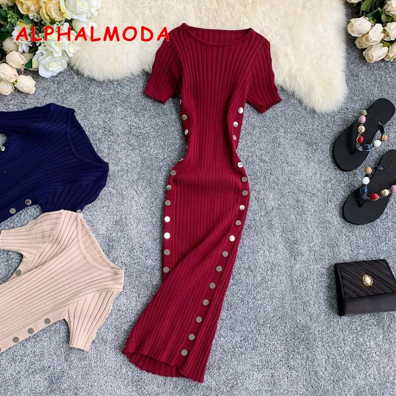 

ALPHALMODA 2019 Retro Knitted Dress Double-row Button Design Round Collar Short Sleeves Slim Step Dress Sheath Vestidos