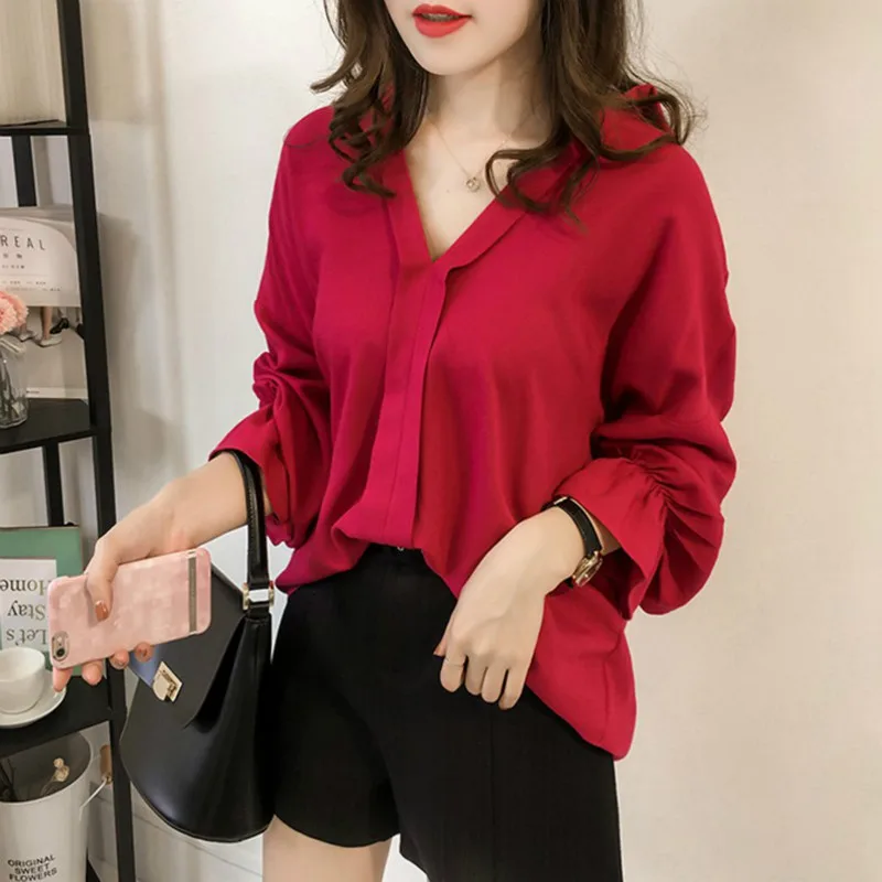 

2019 Summer Women Chiffon Blouse Long Sleeve Red Ladies Office Shirts Work Shirt Casul Female Clothing Plus Size Tops NewIn