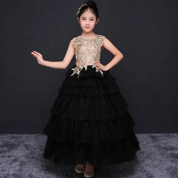 

Royal Black Ball Gown Princess Dress Summer 2019 Girls Wedding Dresses Flower Girl Dress Lace Evening Party Costumes DF64