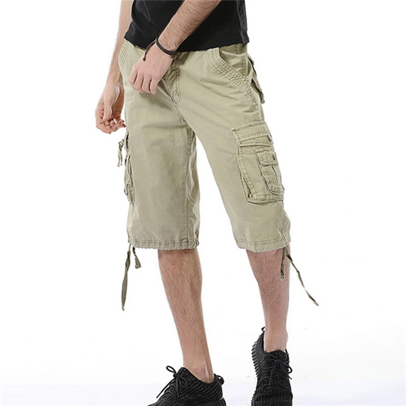

MJARTORIA Multi-pocket Male Cargo Cotton Casual Loose Short Pants Solid Camo Full Pocket Summer Knee Length Plus Size Shorts