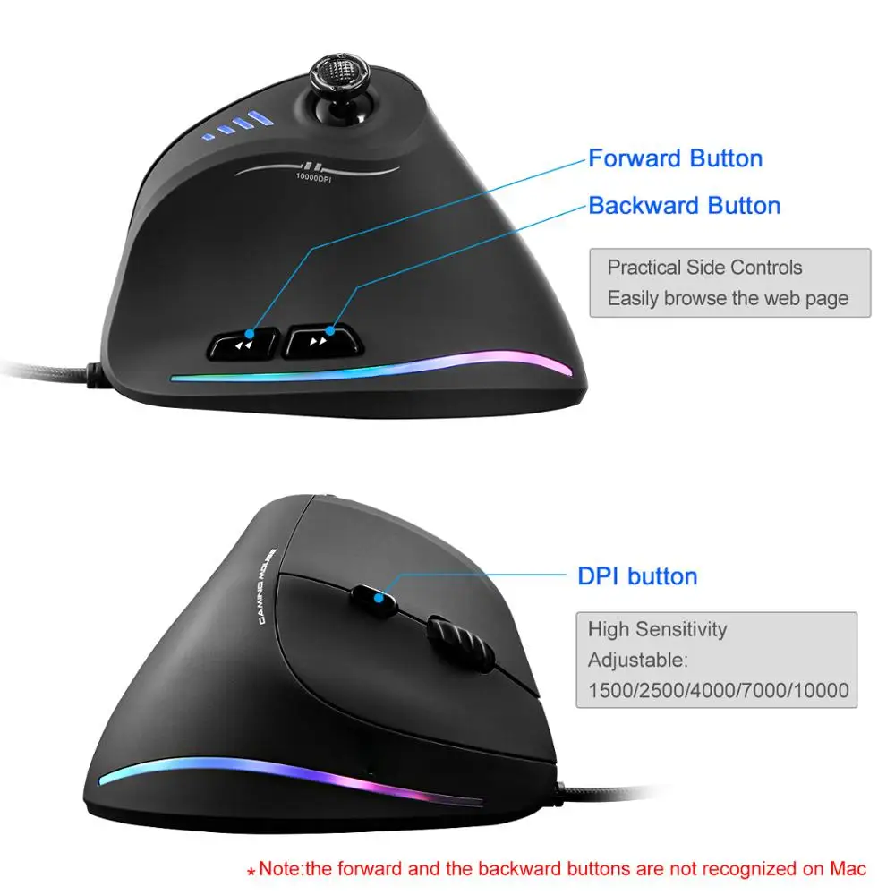 Дешево Lefon Вертикальная игровая мышь Проводная RGB эргономичная USB джойстик программируемые лазерные Игровые мыши 10000 dpi 2019 обновленная для геймера
