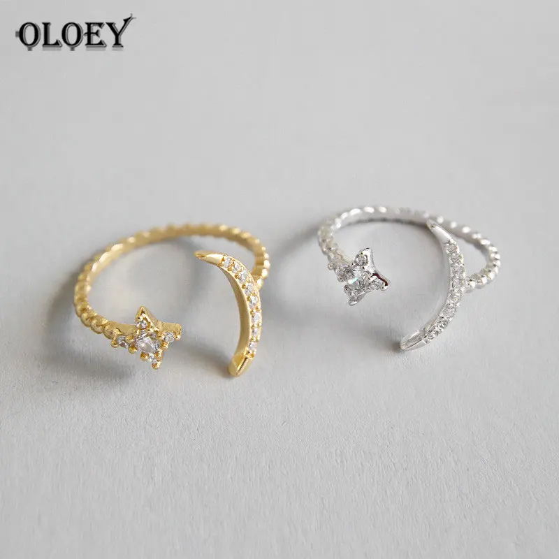 

OLOEY 100% Genuine 925 Sterling Silver Open Rings Moon Star Zircon Finger Ring for Women Engagement Fine Jewelry Gifts YMR498