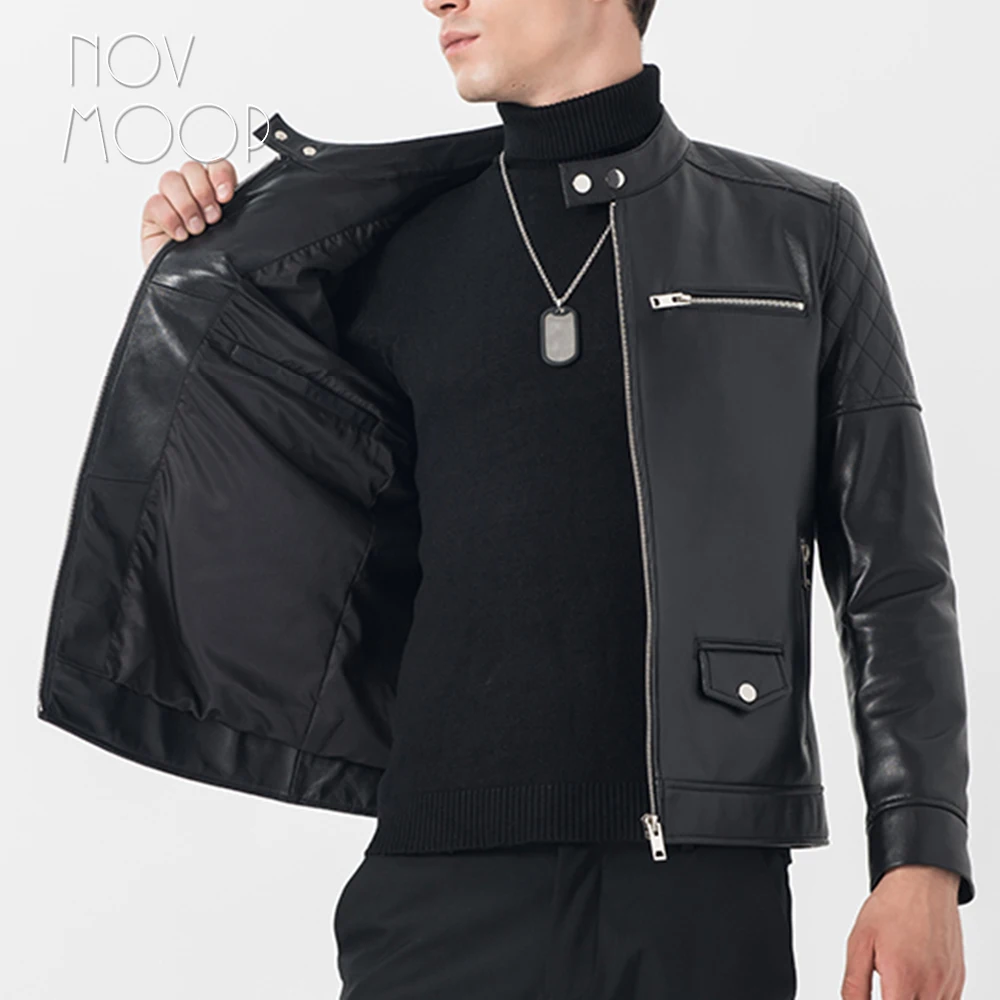 Черная Мужская натуральная кожа настоящая овчина стеганые мотоциклетные байкерские куртки пальто jaqueta de couro deri ceket Большие размеры 3XL LT1676