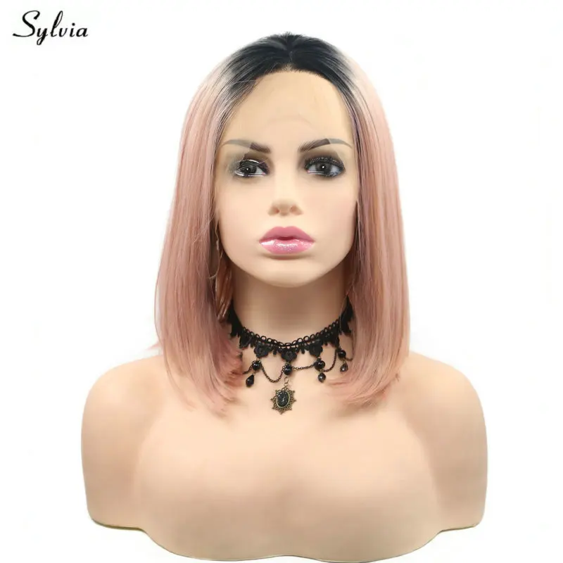 Sylvia 14&quot Black Roots To Pink Lace Front Wig Short Bob Synthetic Women Wigs Heat Resistant Fiber Hair For Summer Female Girls | Шиньоны