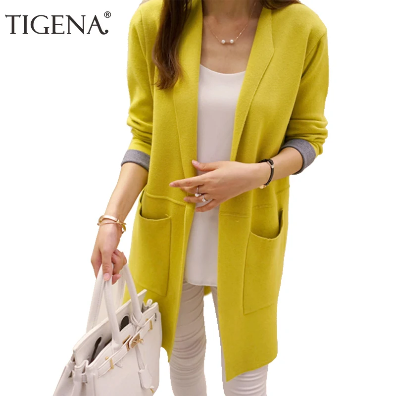 Prix TIGENA longue Cardigan femme 2019 automne hiver femmes à manches longues Cardigan chandail tricoté Cardigans pour les femmes veste hauts