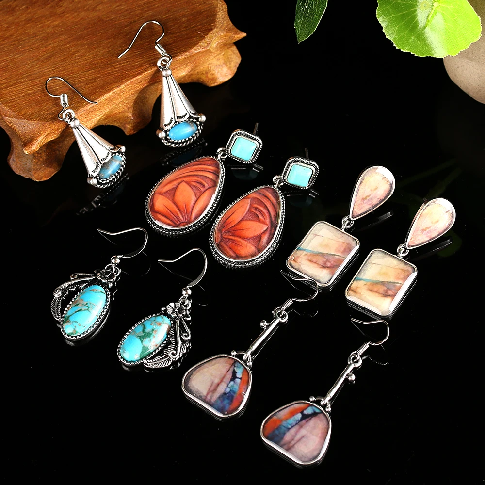

2019 Boho Bohemian Vintage Natural Stone Dangle Hook Earrings Retro Women Handmade Jewelry Tibetan Earrings Charm Gifts