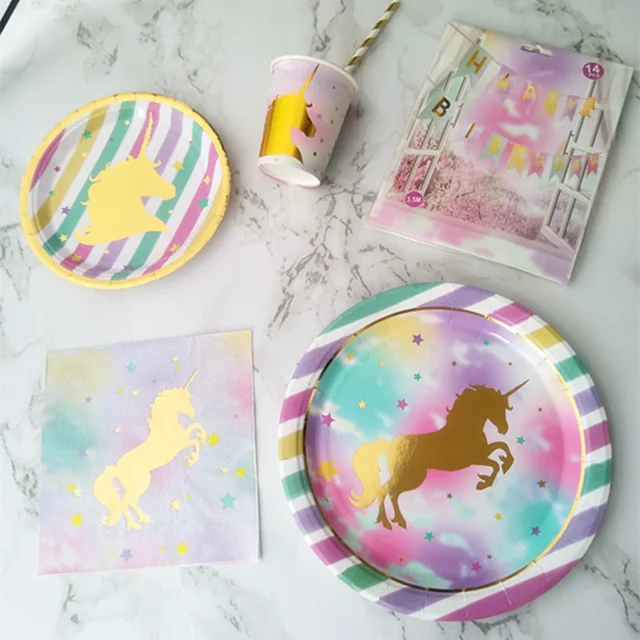 24Set Unicorn Paper Plate Cup Napkin Straw Plastic Tablecloth Hanging