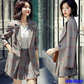 

2 PCS Set Women Elegant Spring Plaid Blazer Jacket Skirt Shorts Suit Female Office Clothes