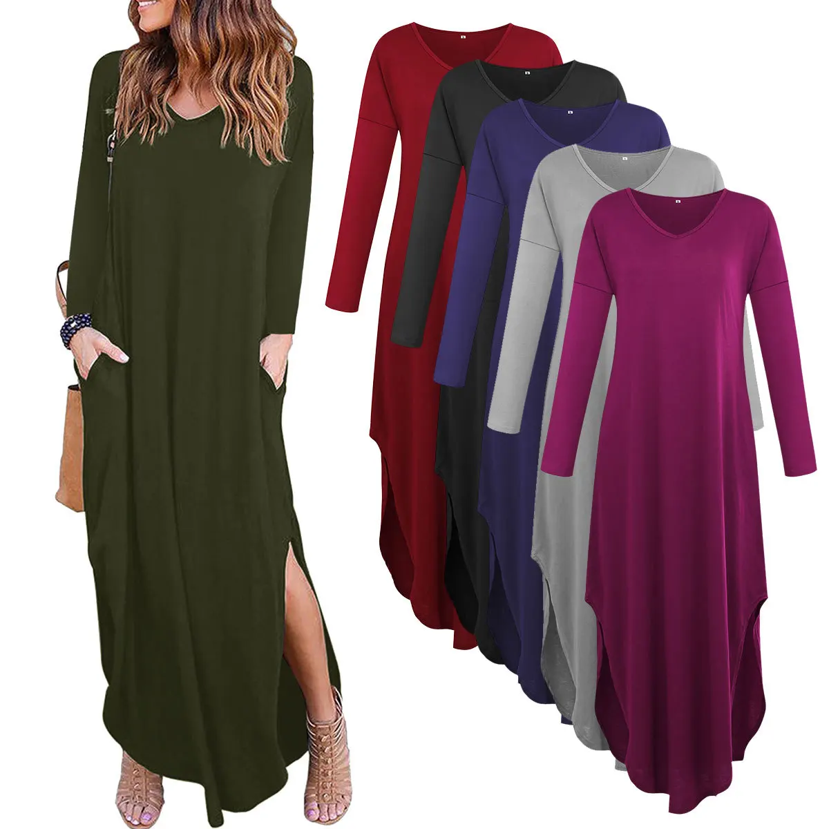 

2019 Europe and America New Arrivals Women Dresses Casual V-neck Loose Style Long Sleeve Slit Dress Irregularity Long Dresses
